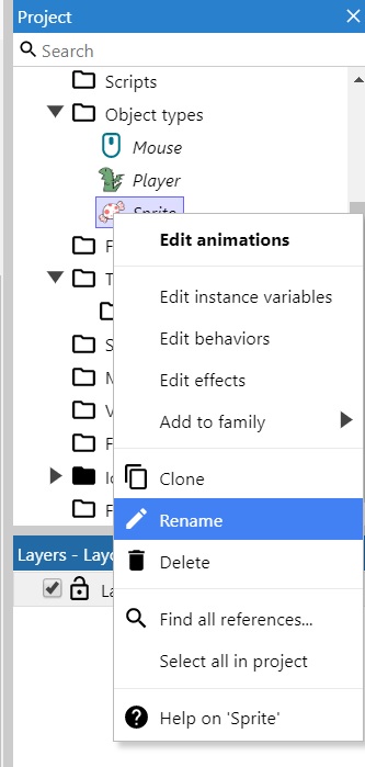 Screenshot of where to find "rename" option in the project panel.