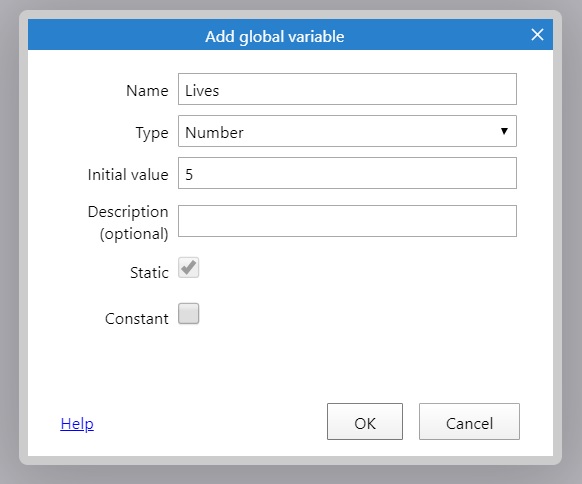 Screenshot of global variable properties.