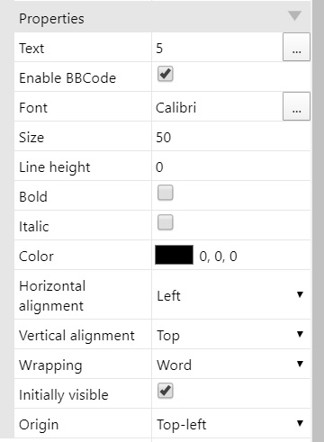 Screenshot of text attributes in the properties panel.