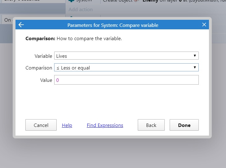 Screenshot: Parameters for System: Compare Variable-event.