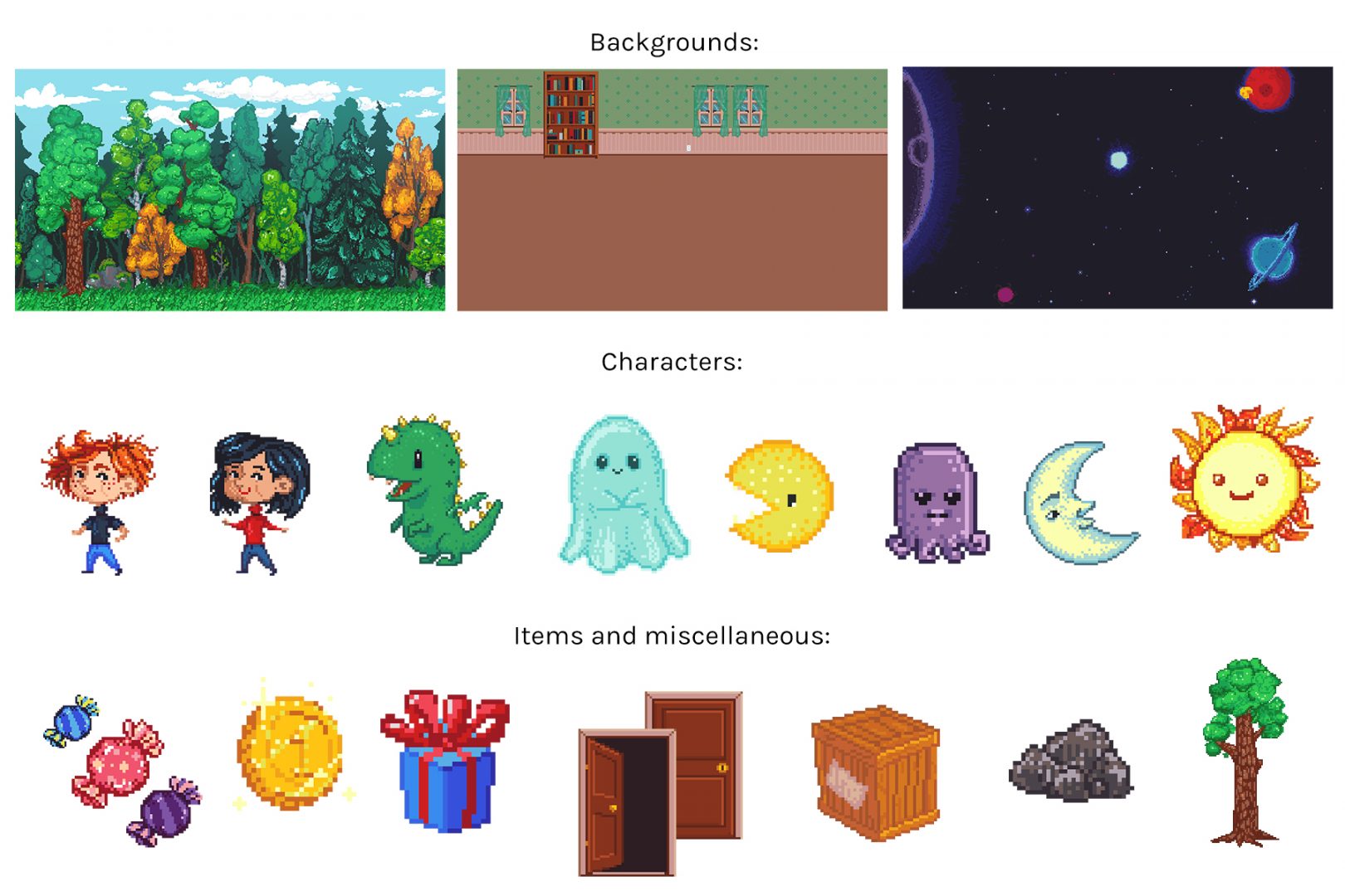 Preview of the pixel art asset pack. Includes three backgrounds, 8 characters, and 8 game items and miscellaneous props.