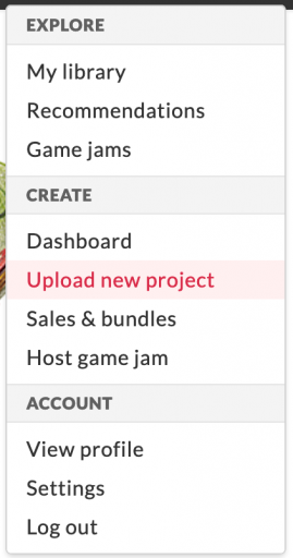 Screenshot: Upload new project on itch.io.
