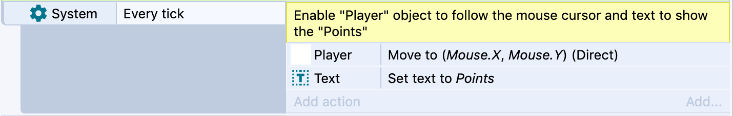 Screenshot of a Construct 3 event with yellow code comment explanation.