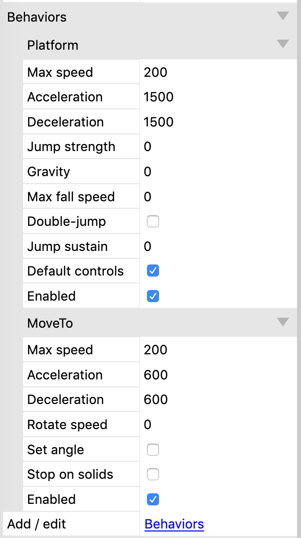 Screenshot of the behaviours-panel in Construct 3 with example values.