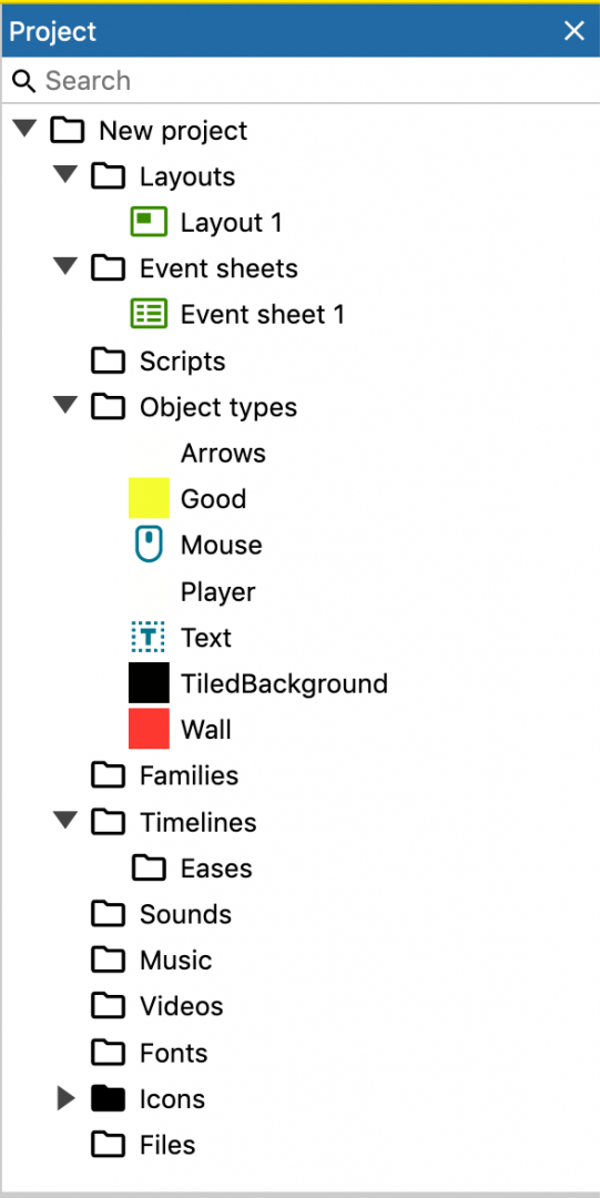 Screenshot: Construct 3 project hierarchy.