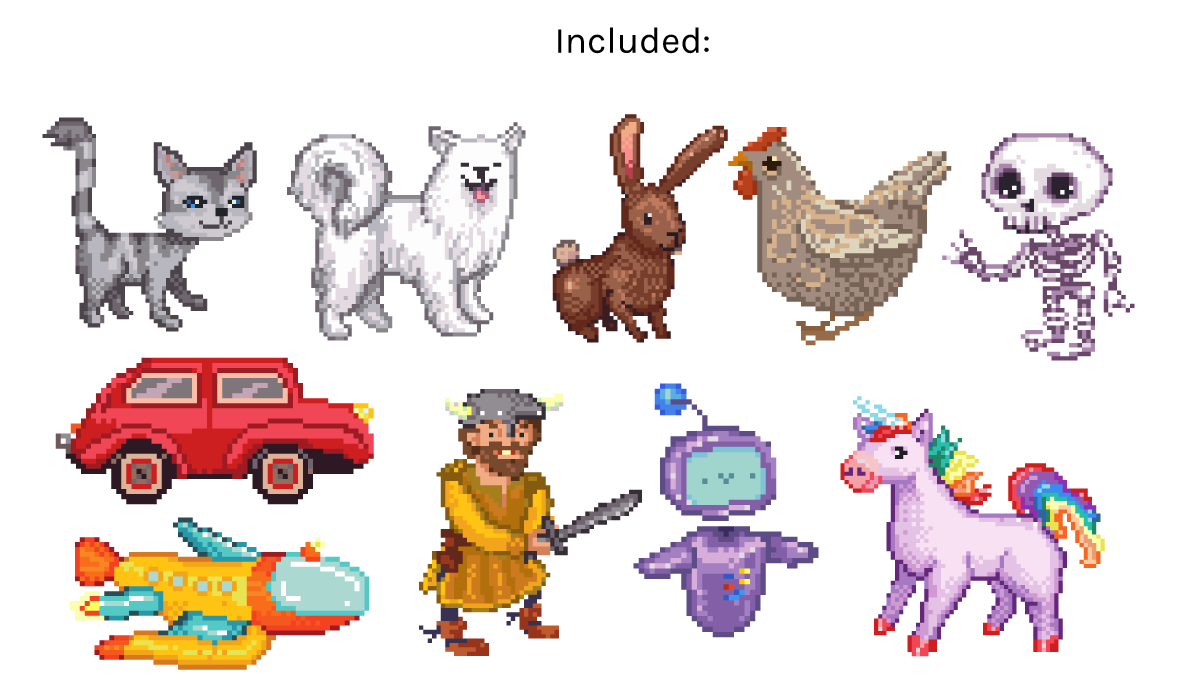 Preview image of included graphics in a pixel art style.